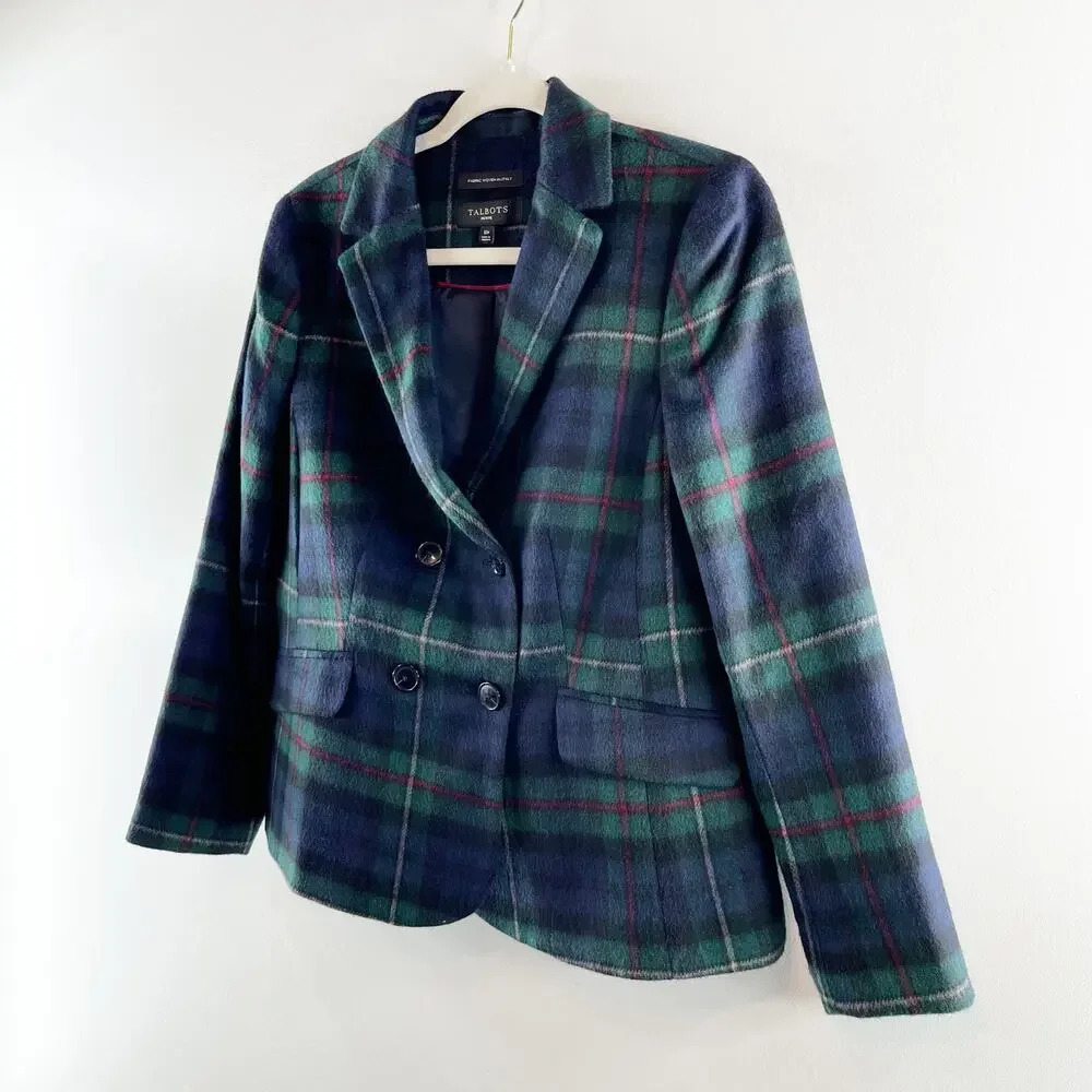Talbots Brushed Wool Double Breasted Blazer Jacket Tartan Plaid Green 10P